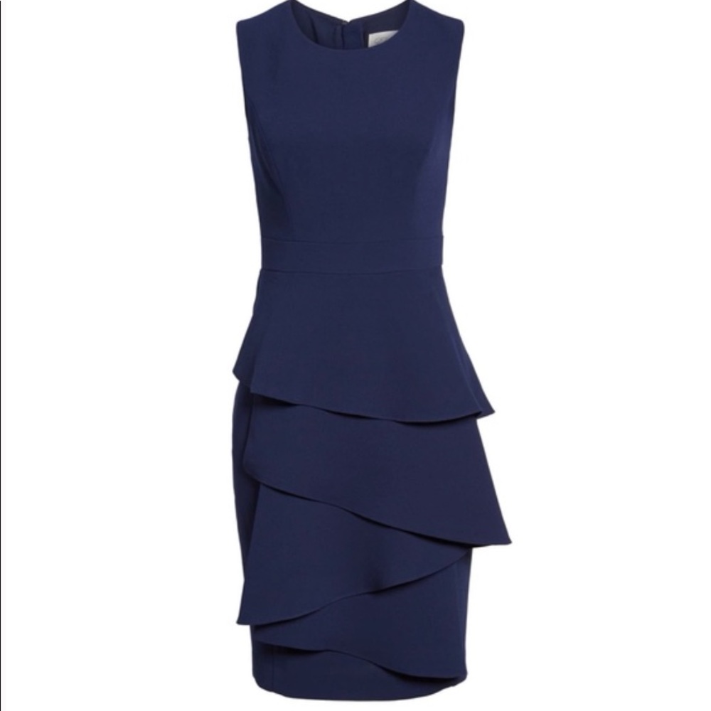 NWT Ella Cascade Crepe Sheath Dress Navy Blue